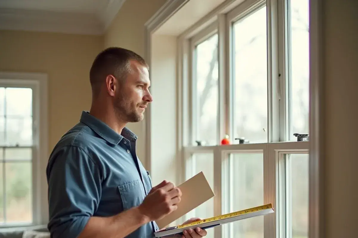 Technician measuring a west-facing window as part of an AC sizing calculation in Lexington, SC