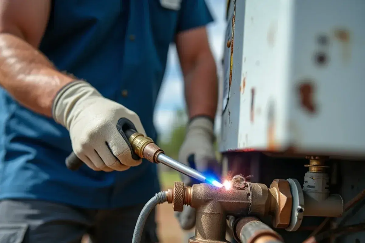 Brazing a copper refrigerant line joint with nitrogen flowing during a new AC installation
