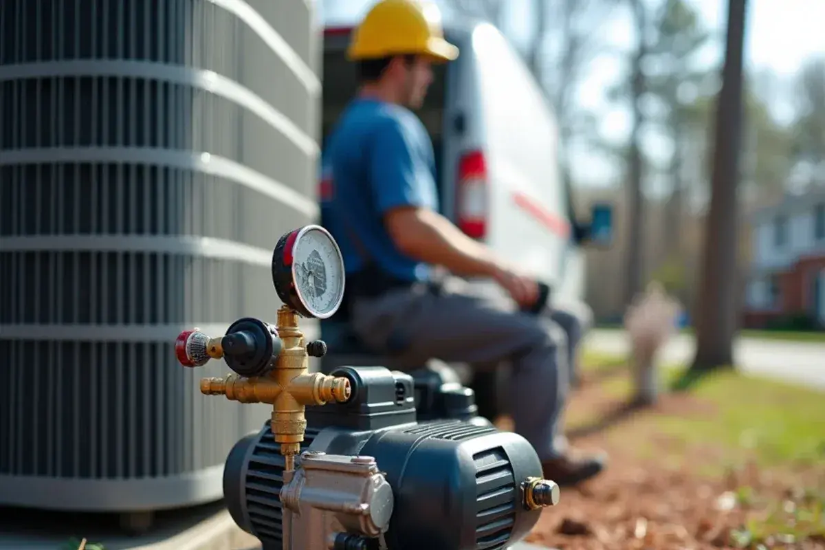 Vacuum pump and micron gauge pulling a deep vacuum on a newly installed AC line set