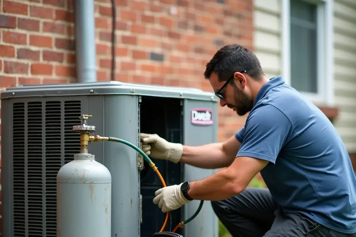 Refrigerant recovery cylinder connected to an old condenser before removal