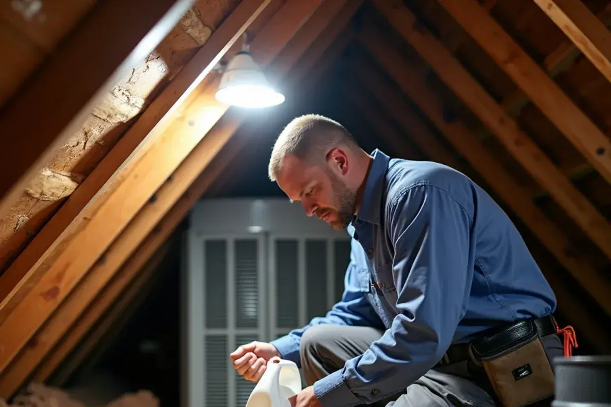Flushing the condensate drain at an attic air handler during spring AC maintenance