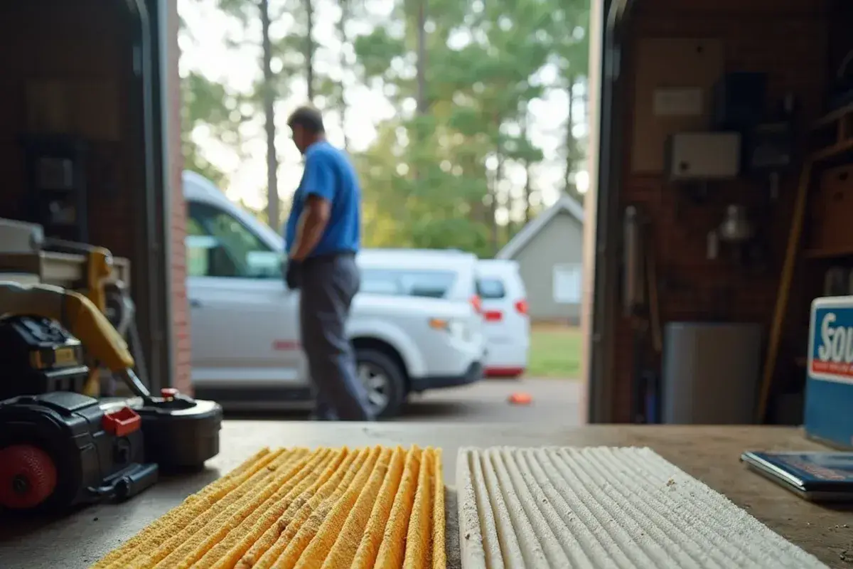 Dirty air filter yellowed by spring pollen next to a clean replacement filter