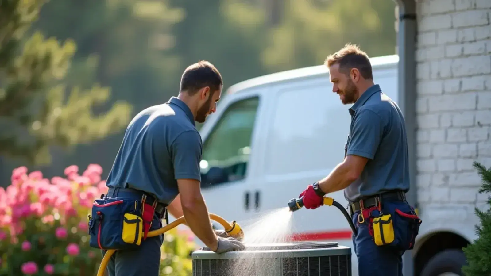 Technician rinsing pine pollen out of an outdoor AC coil during a spring tune-up in Lexington, SC