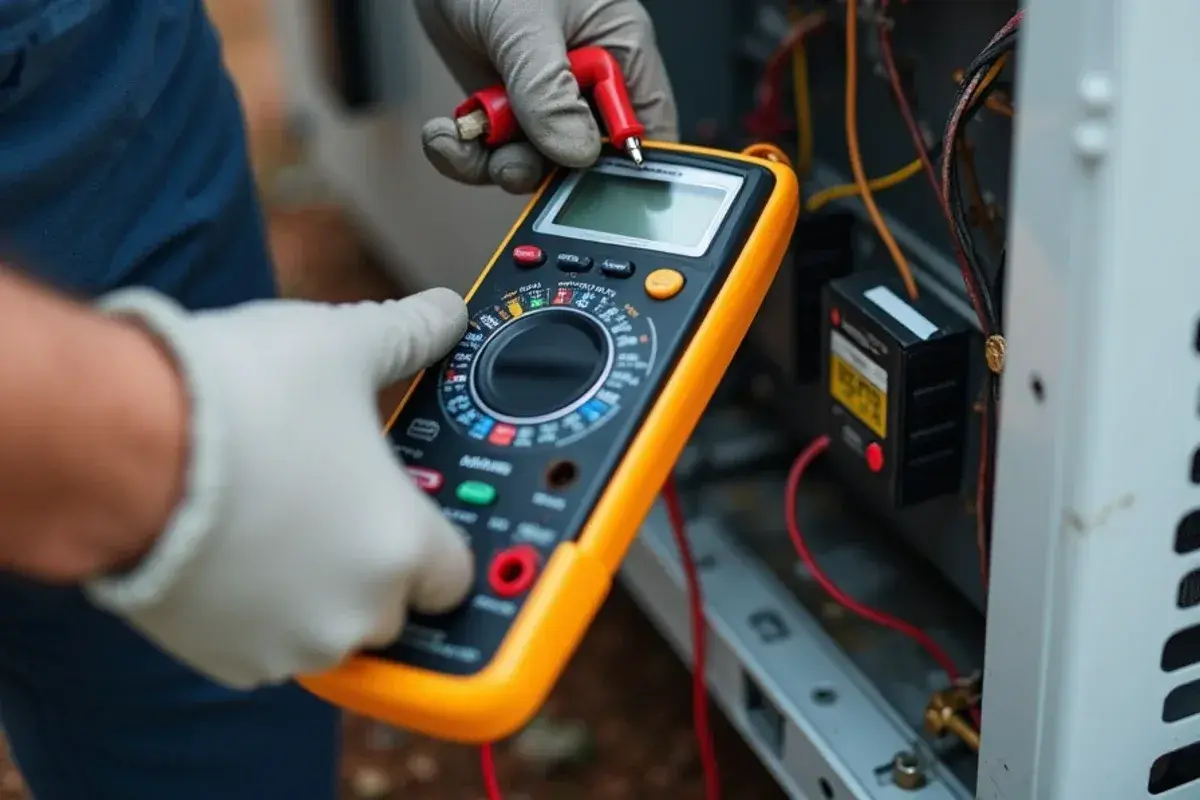Multimeter clipped to a swollen dual run capacitor during AC repair in Lexington, SC