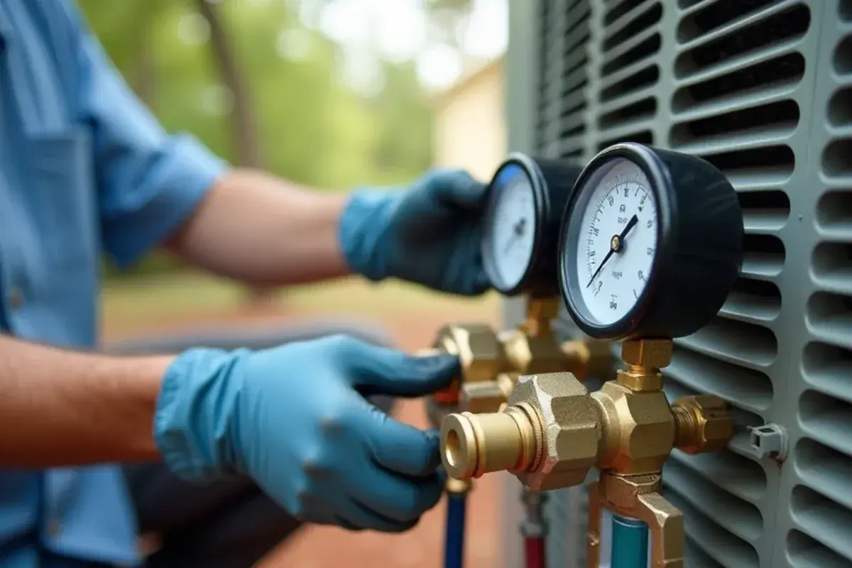 Digital refrigerant gauges connected to the service valves of a condenser