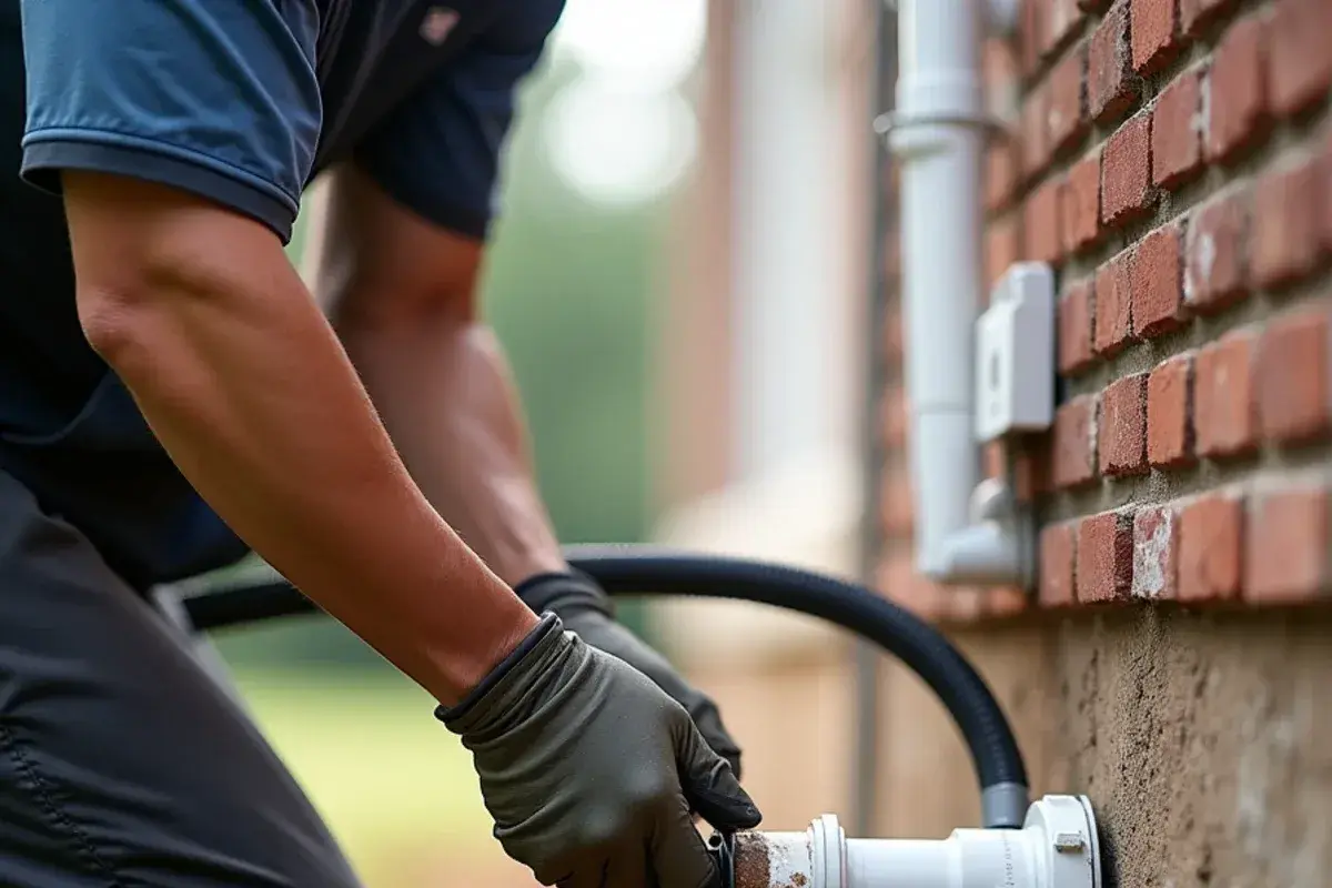 Wet vacuum clearing a clogged condensate drain line outside a home during an AC service call