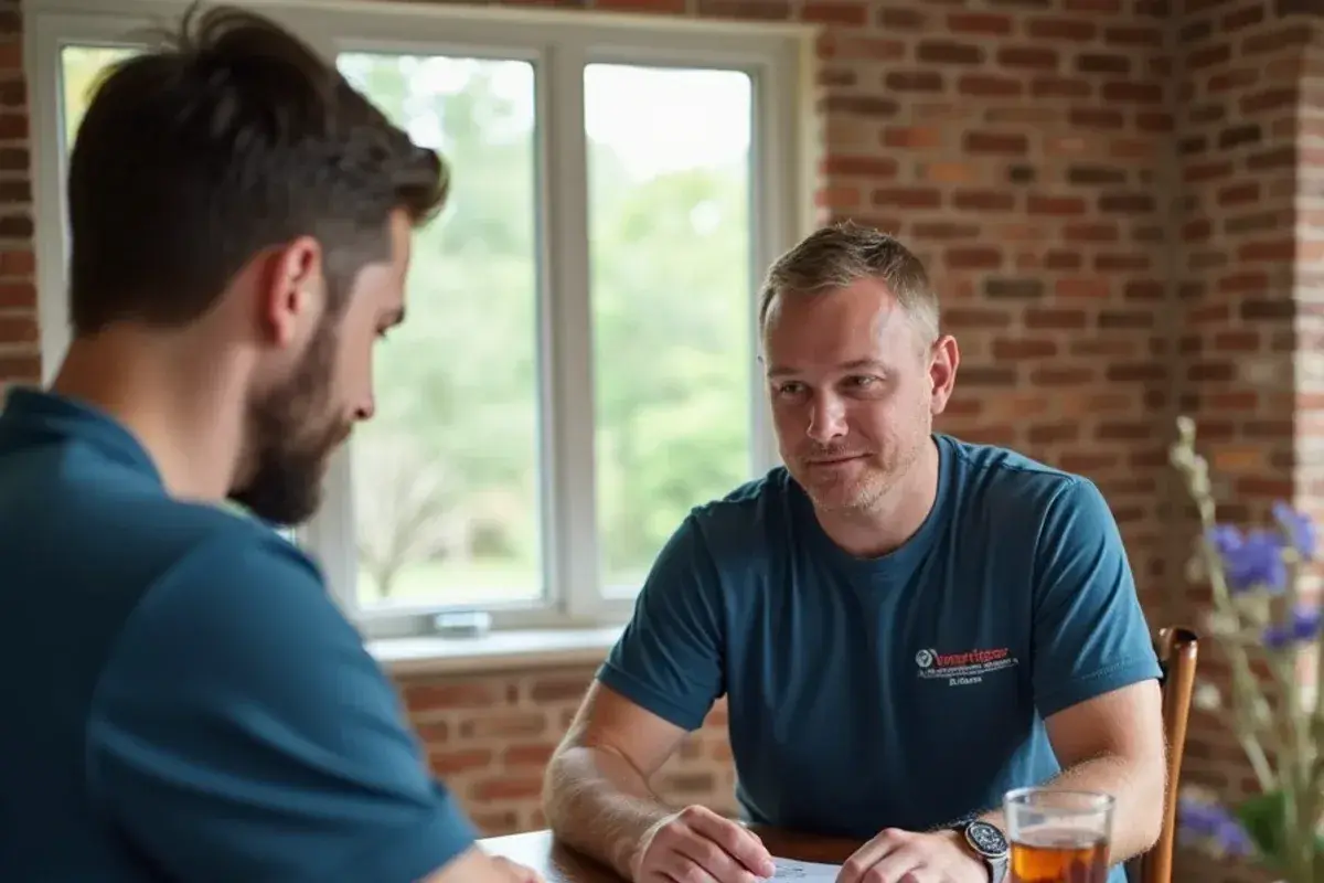 Homeowner and technician comparing AC repair and replacement options at a kitchen table