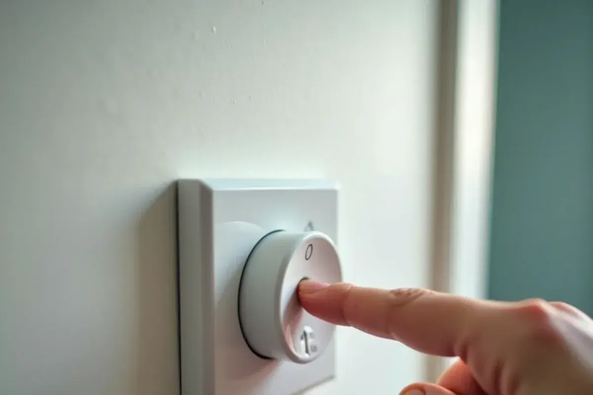 Wall thermostat in cooling mode with the fan switch set to auto in a hallway
