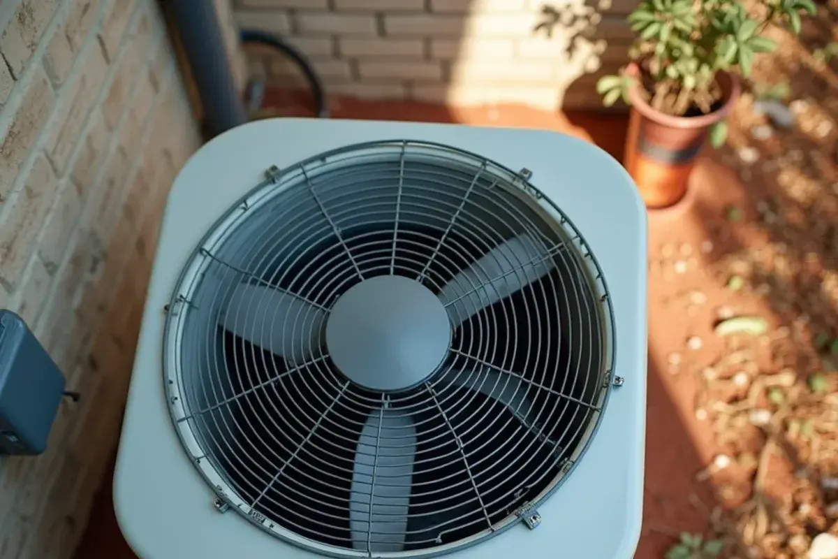 Outdoor AC unit with its fan stopped on a hot day, a common sign of a failed capacitor