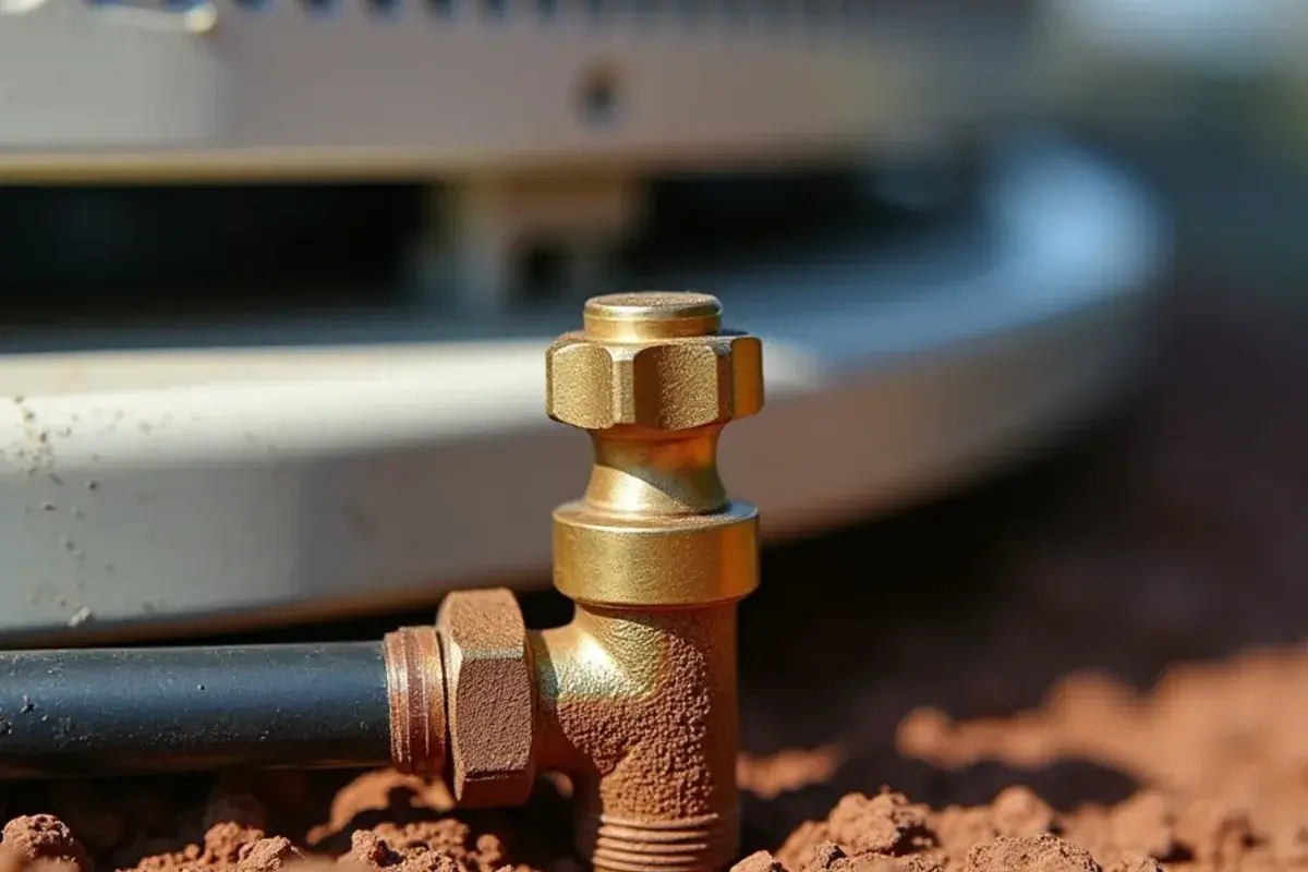 Oily residue on a copper refrigerant fitting at an outdoor unit, a sign of a refrigerant leak