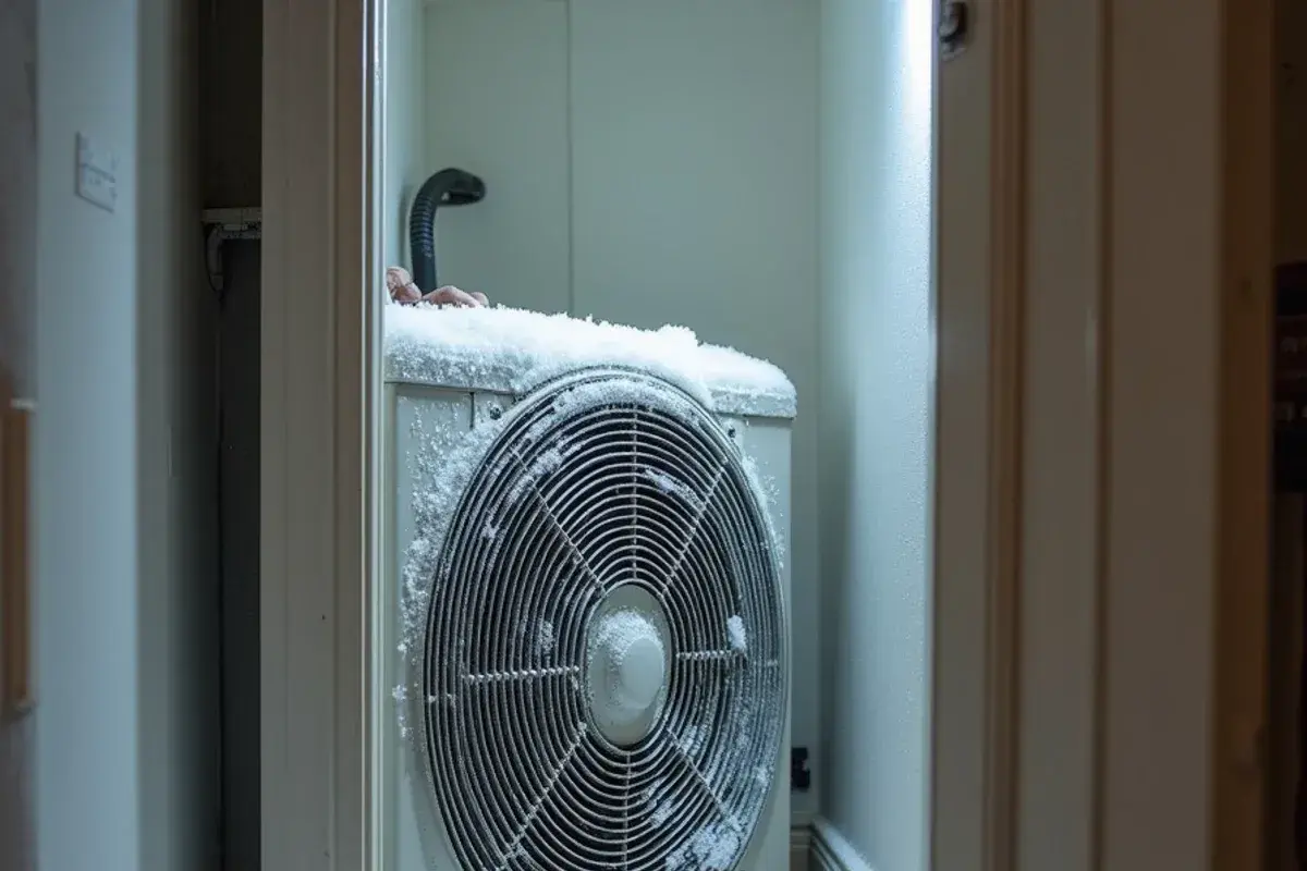 Ice glazing the A-coil behind the removed panel of a hall closet air handler