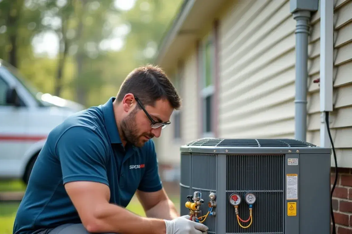 Technician measuring refrigerant pressures and line temperature to diagnose a frozen coil