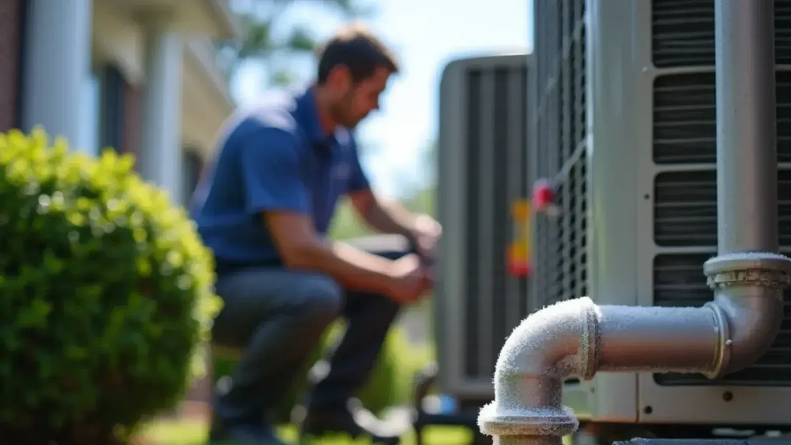 Thick frost covering the insulated suction line at an outdoor AC unit on a hot summer day
