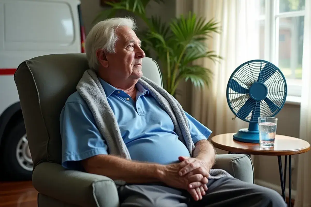 Older adult resting in a cool ground-floor room with water and a damp towel during an AC outage
