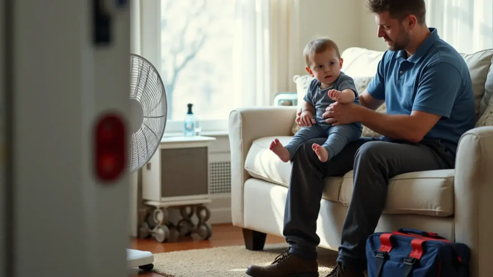 Parent cooling a toddler with a damp washcloth in a shaded room during a South Carolina heat wave