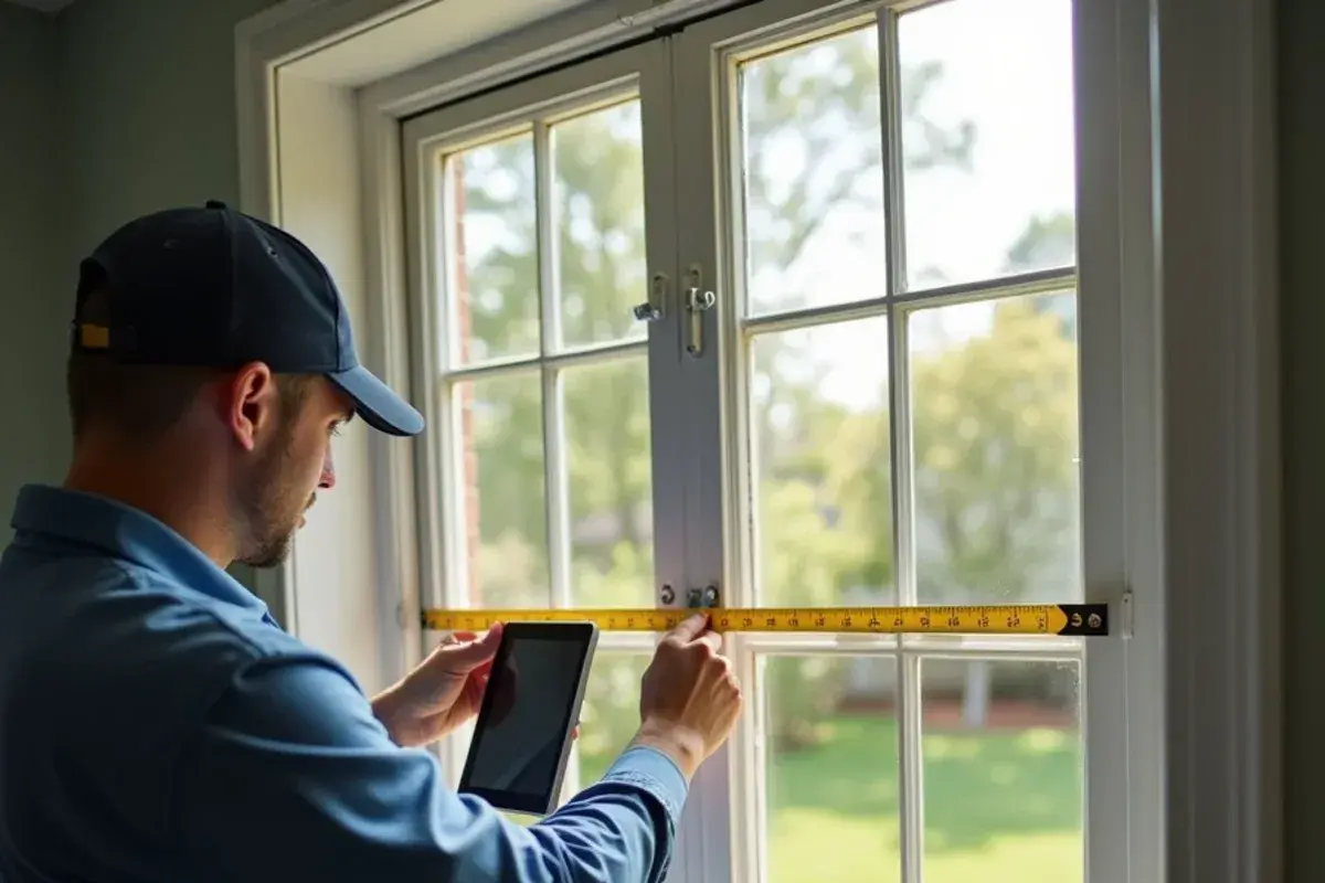 Technician measuring a bedroom window for a load calculation before sizing a replacement AC