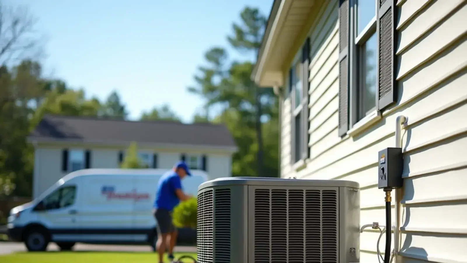 New outdoor air conditioner on a fresh pad beside a two-story vinyl-sided home in Lexington, SC