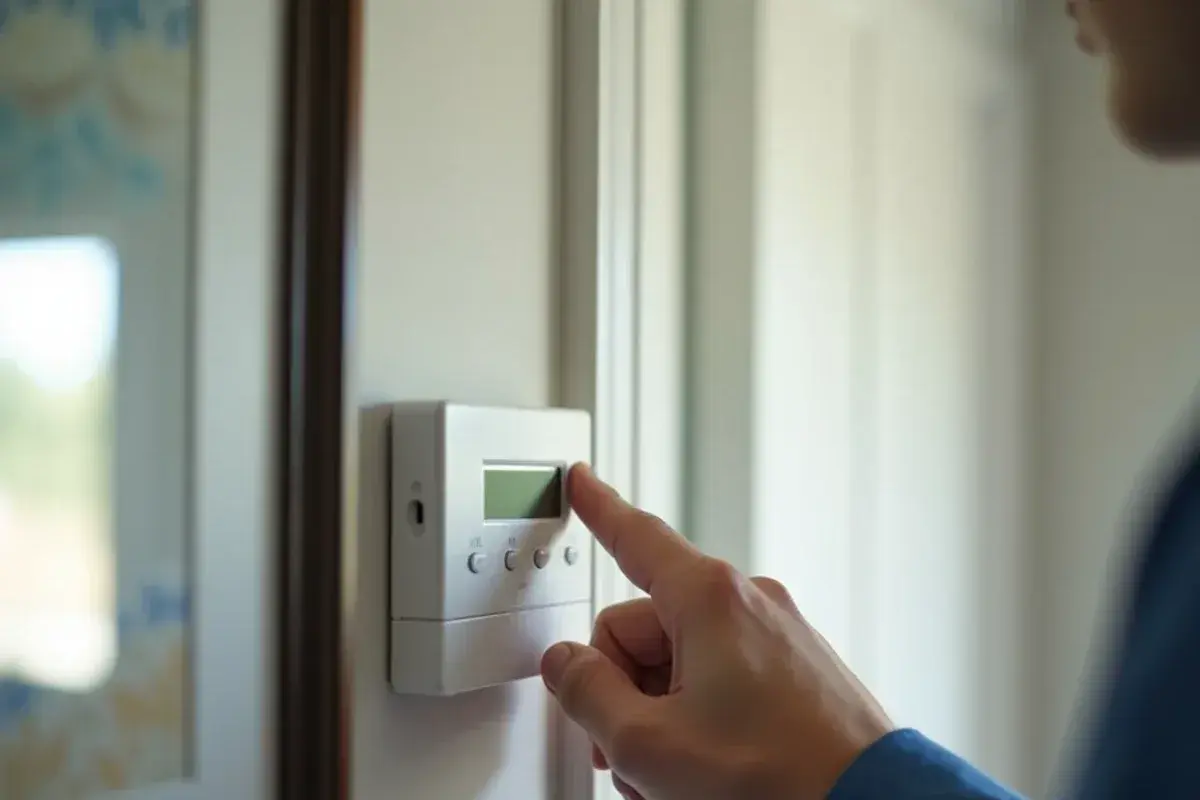 Close view of a wall thermostat switched to cool mode with the fan set to auto in a Midlands home