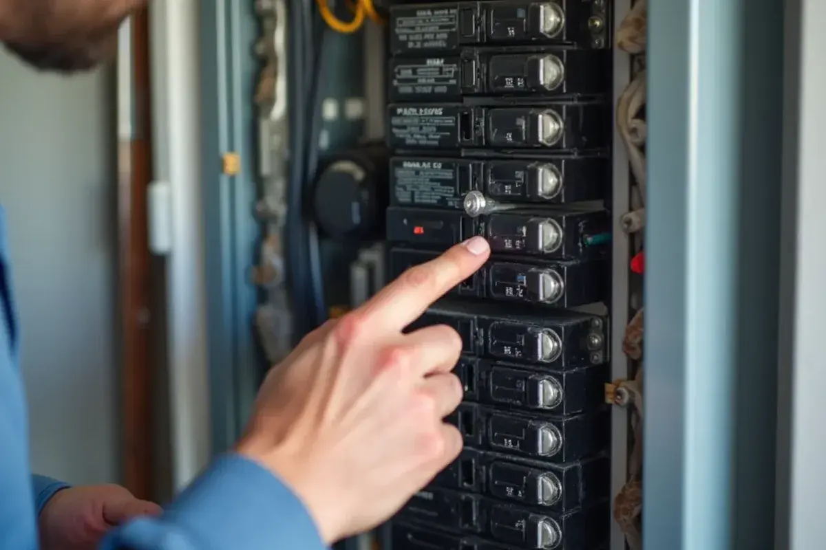 Hand resetting a tripped double-pole air conditioner breaker inside a garage electrical panel