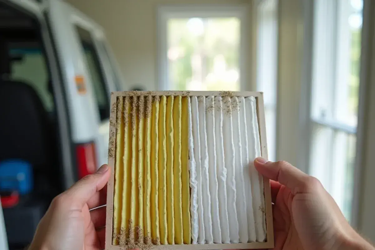 Pollen-coated air filter held beside a clean replacement filter in a South Carolina hallway