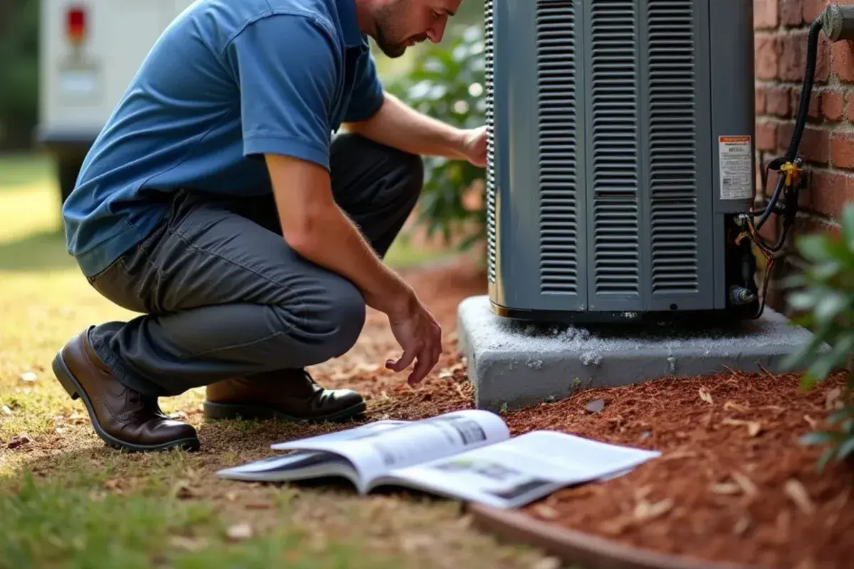Frost and ice forming on the large copper suction line at an outdoor AC condenser beside a brick ranch