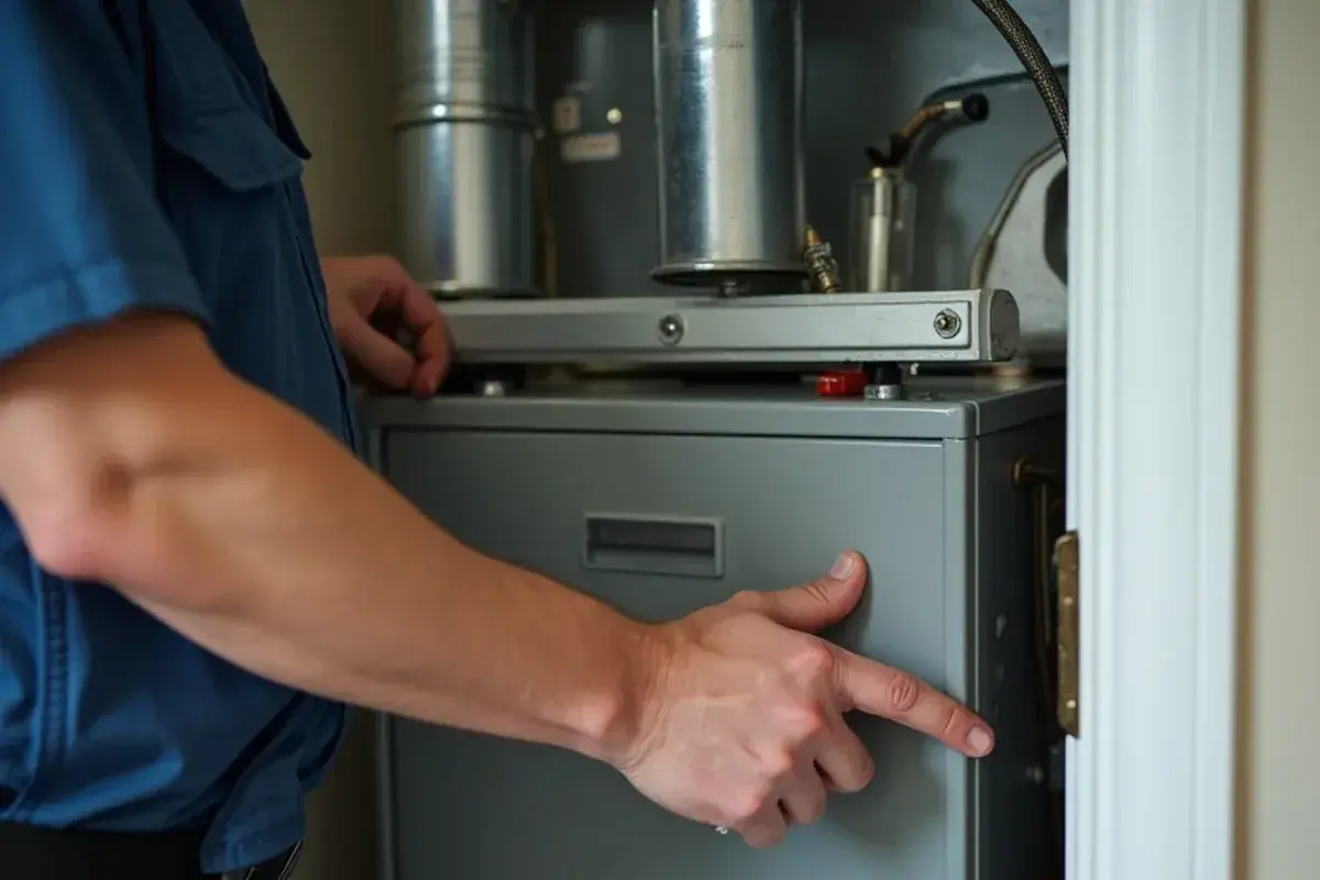 Hand pressing a furnace blower compartment door fully closed in a hall closet