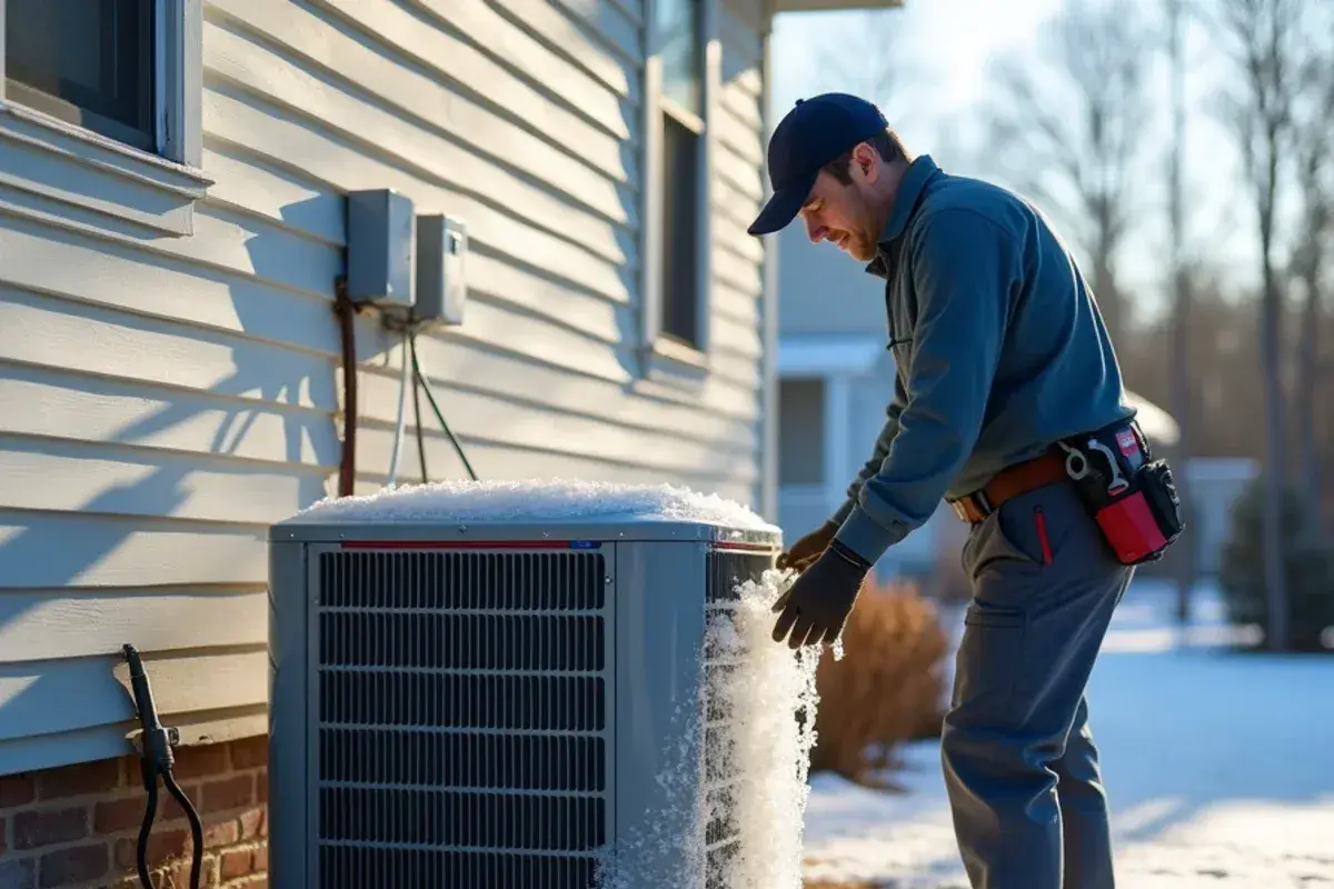 Thick ice shell sealing the coil of an outdoor heat pump beside a vinyl-sided Midlands home