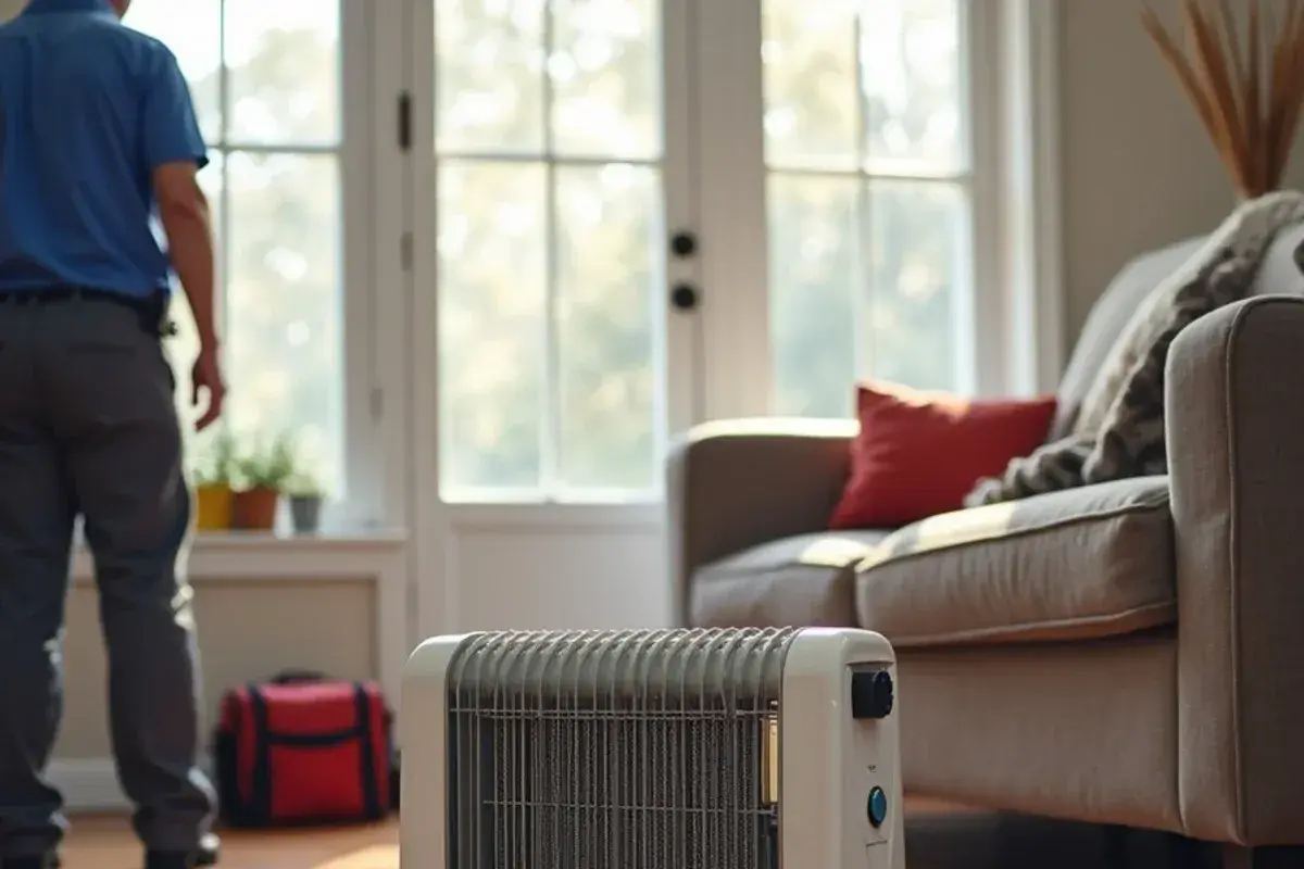 Portable electric space heater on a hard floor with clear space around it in a cold living room