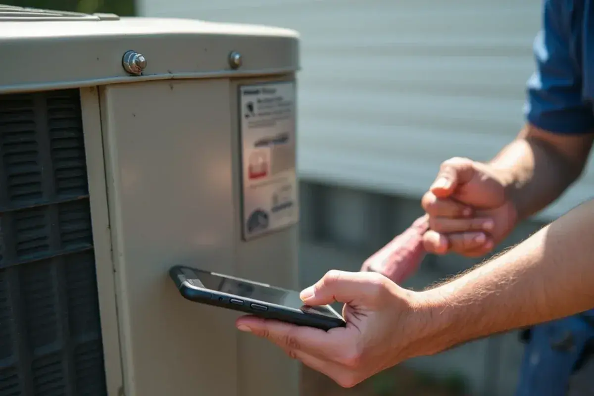 Homeowner photographing the data plate on an outdoor AC unit to check its age and refrigerant type