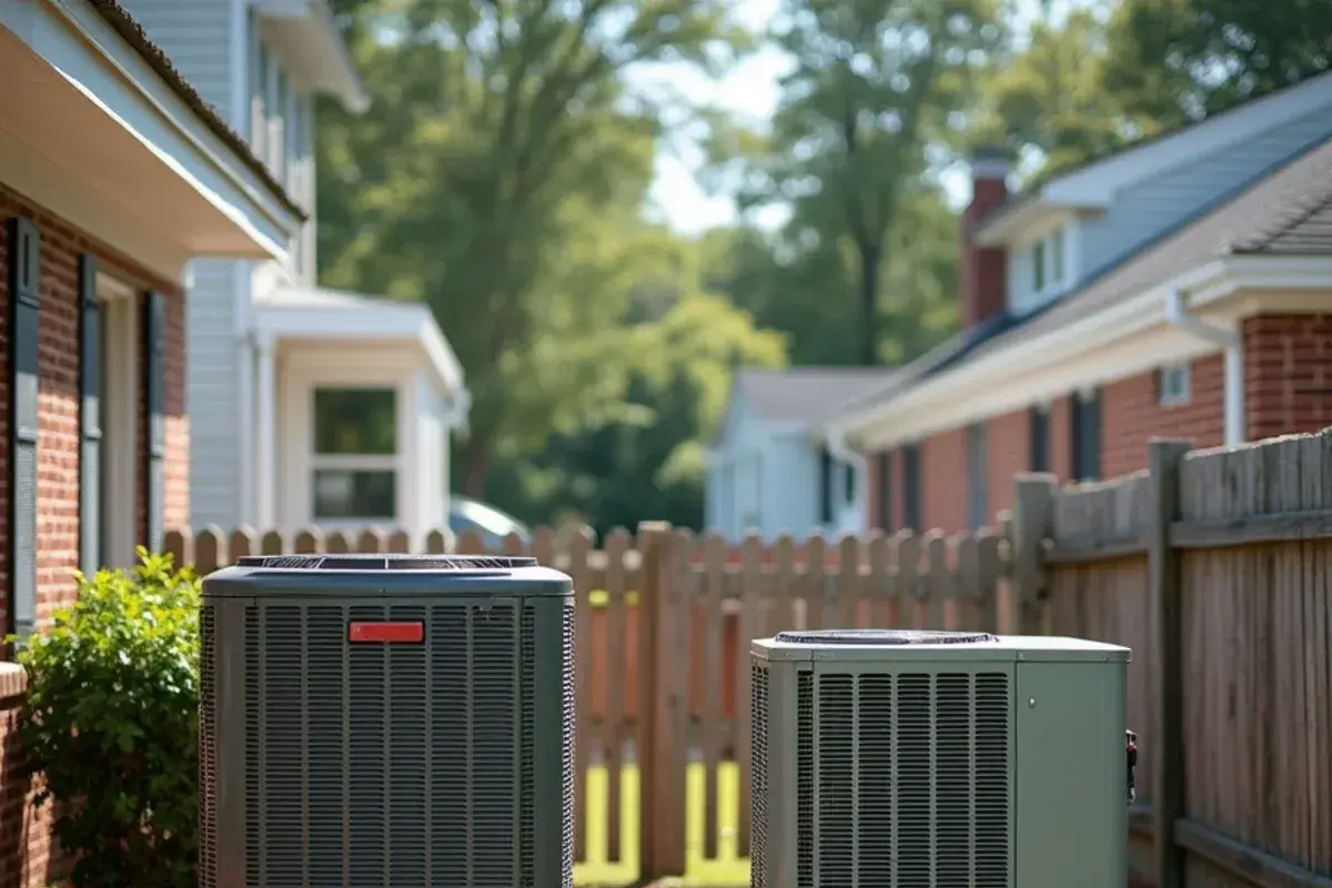 Older R-22 outdoor AC unit beside a newer condenser on the next lot in a Lexington area neighborhood
