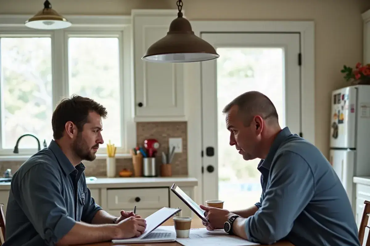 HVAC technician reviewing repair and replacement options with a homeowner at a kitchen table