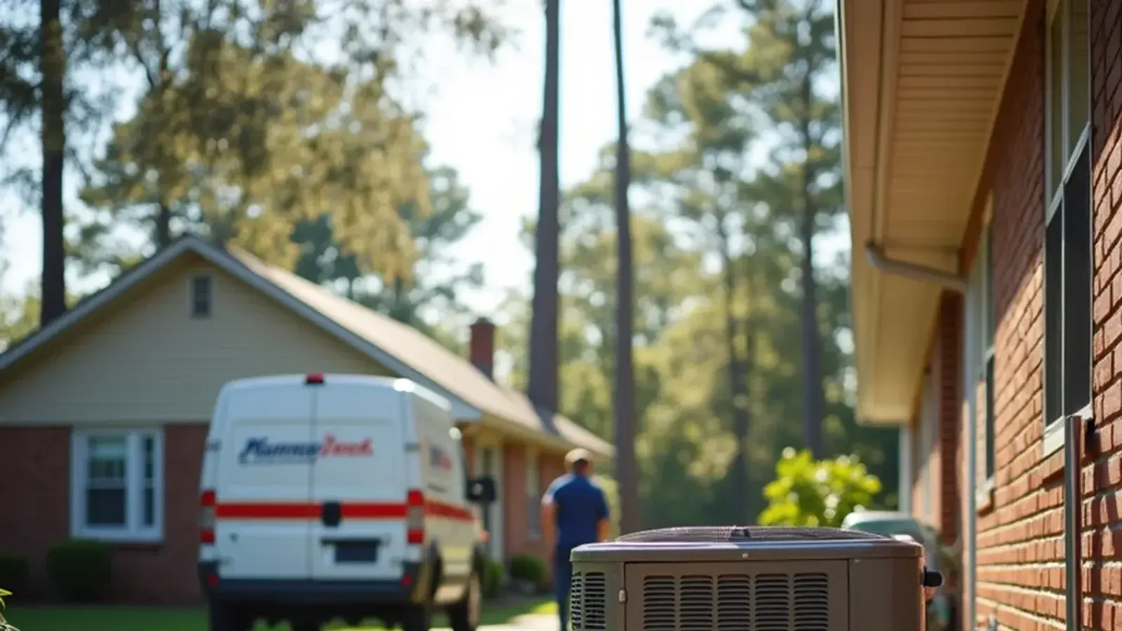 Older outdoor AC condenser with faded cabinet beside a brick ranch home in Lexington, SC