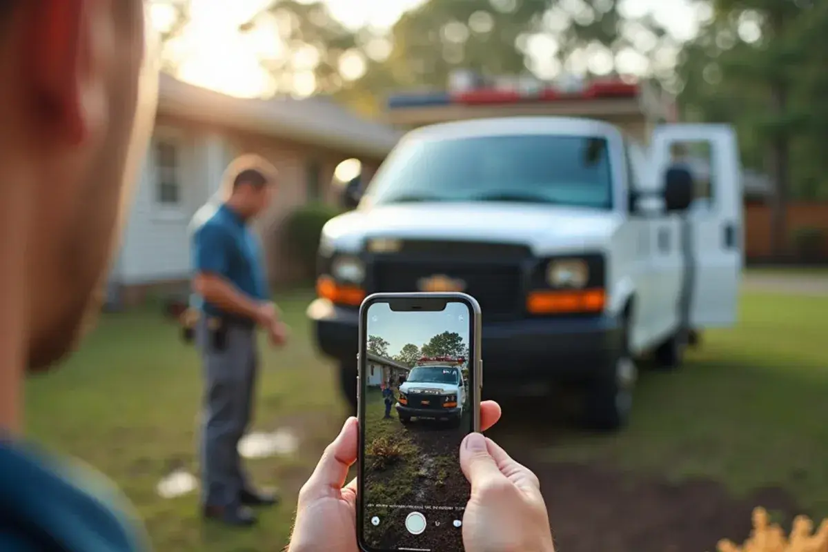 Homeowner photographing a storm-damaged outdoor AC unit with a phone for an insurance claim