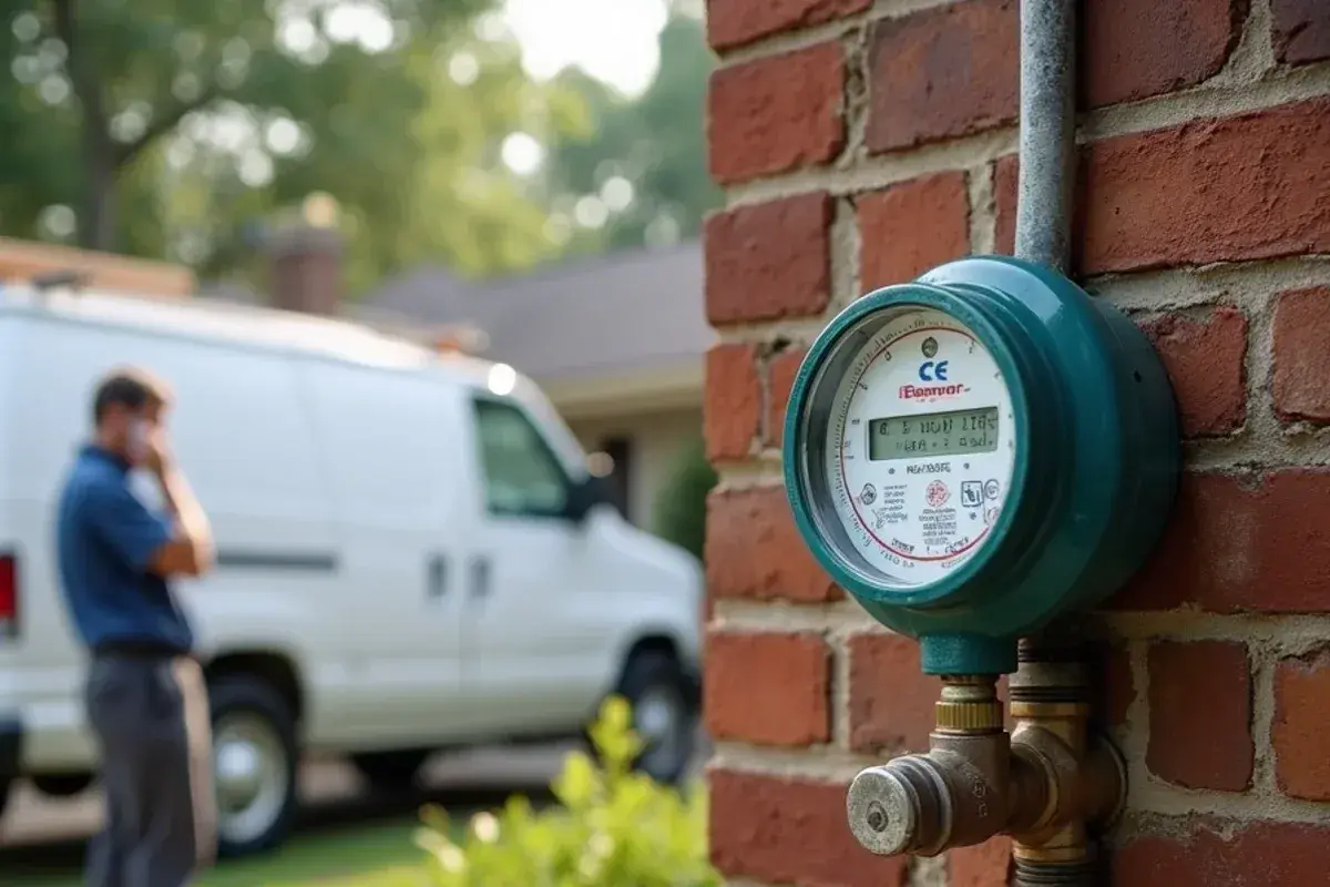 Natural gas meter and shutoff valve on the exterior wall of a brick home in the Midlands