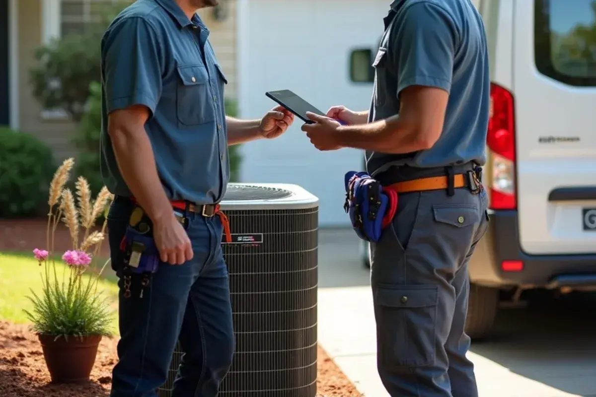 Technician going over repair options with a homeowner beside an outdoor unit during a weekend emergency call