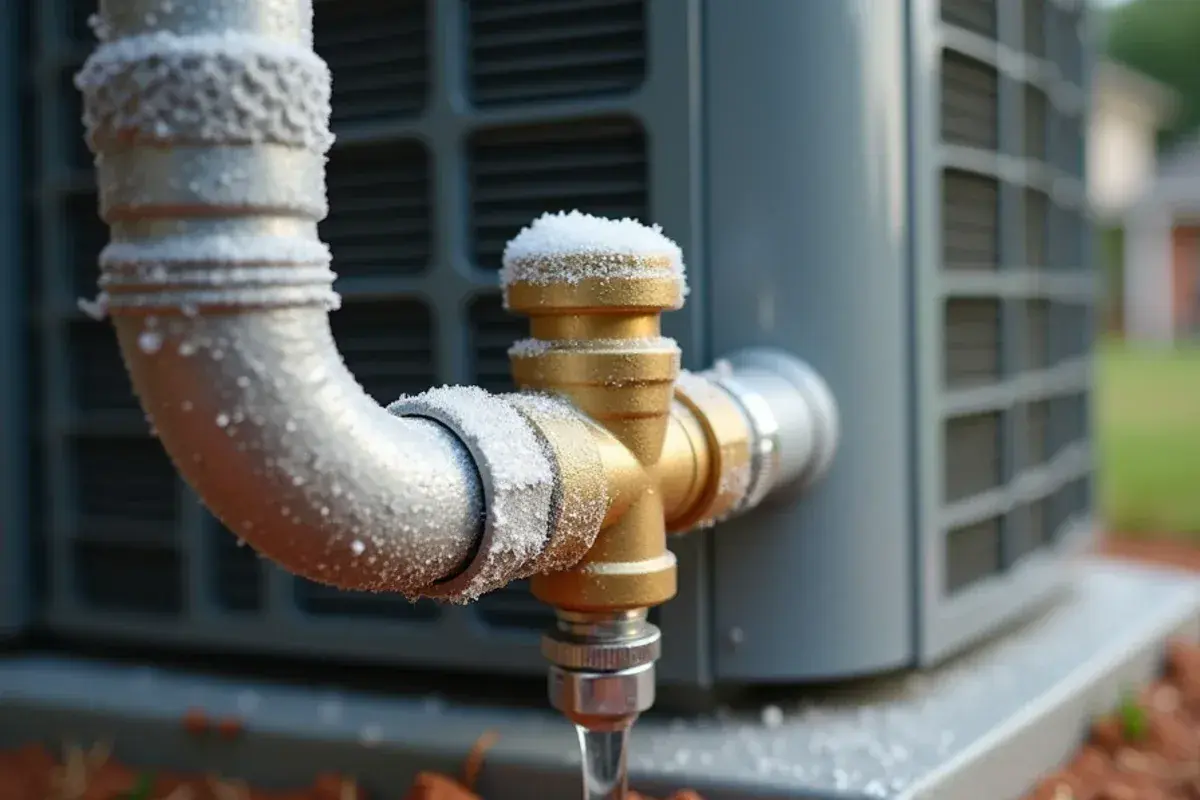 Frost and ice on the large copper refrigerant line at an outdoor AC unit with a refrigerant leak