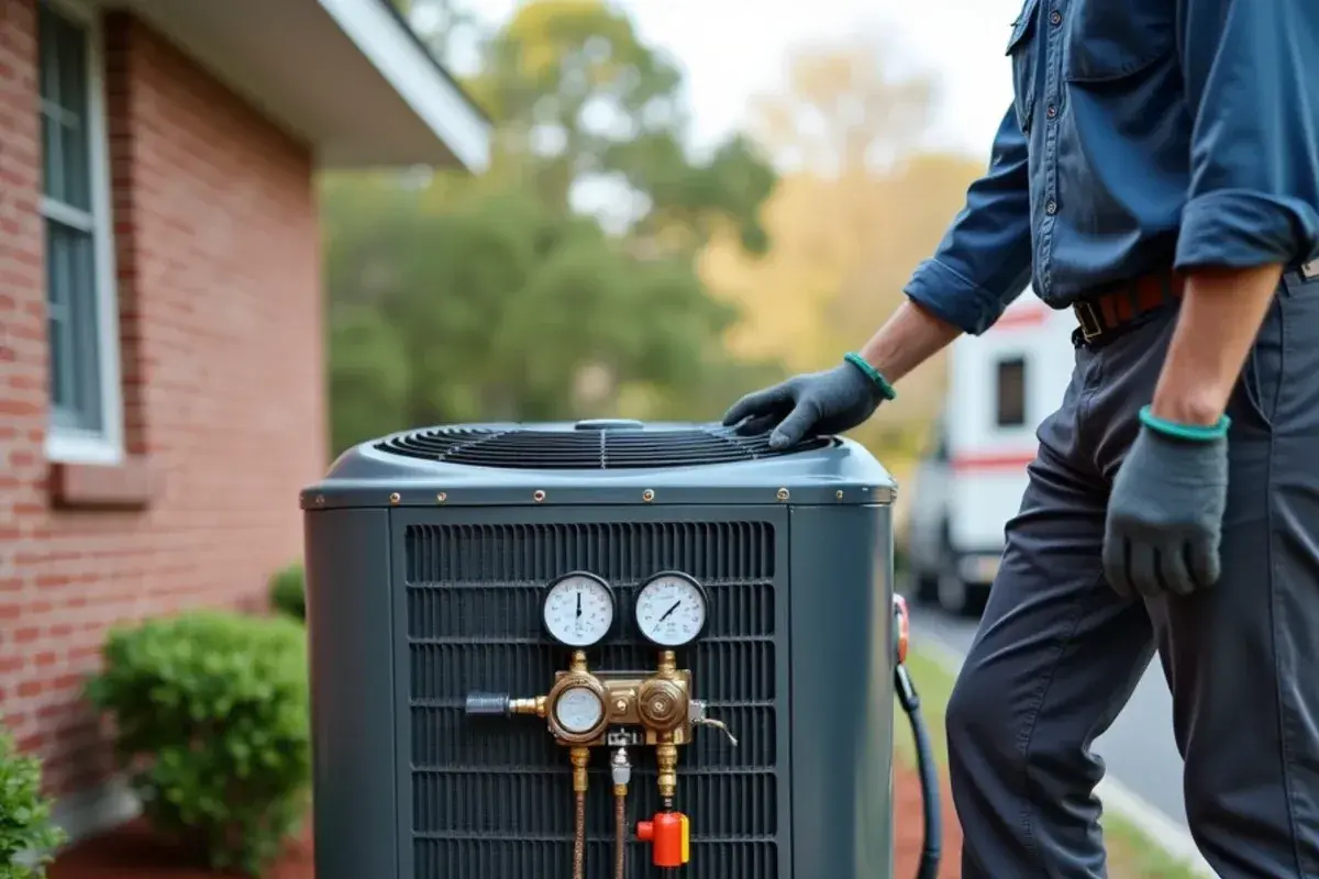 Refrigerant gauges connected to a split-system condenser behind a low brick office building