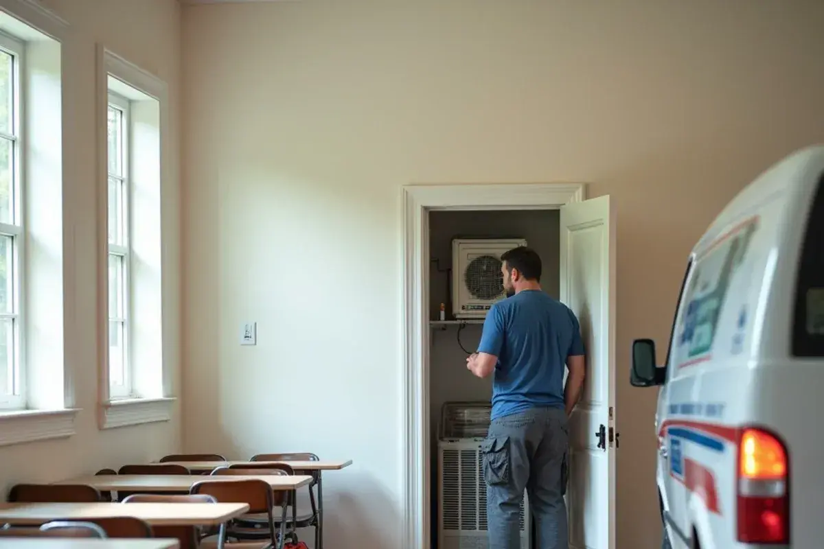 Church fellowship hall with a split-system air handler closet open for service