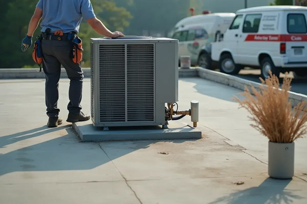 Rooftop unit beside a kitchen exhaust fan on the back roof of a small restaurant