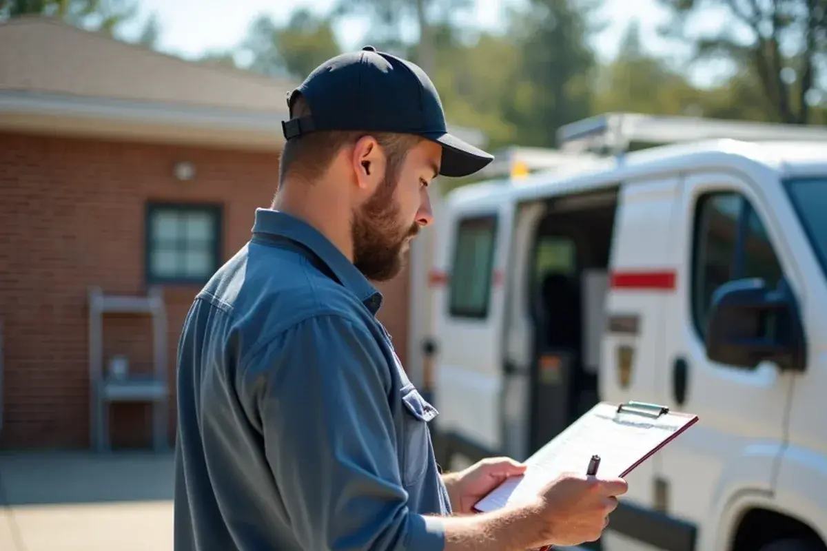 Technician writing a service summary on a clipboard beside an open commercial package unit