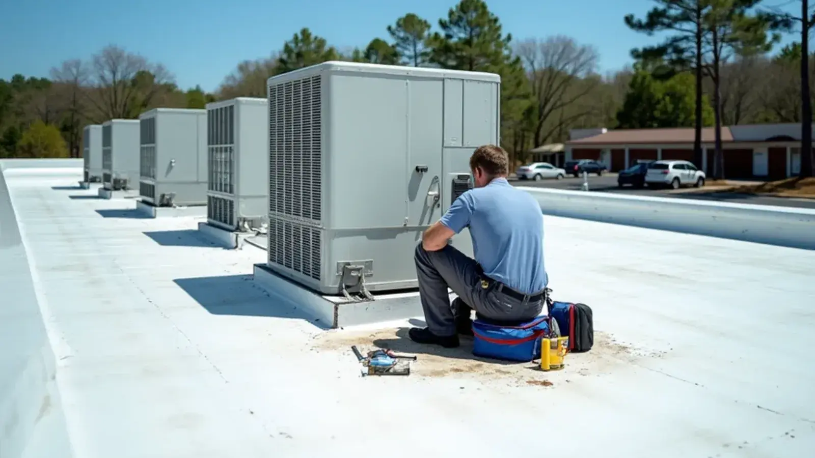Technician servicing a row of rooftop units on a small strip center roof for commercial HVAC in Lexington, SC