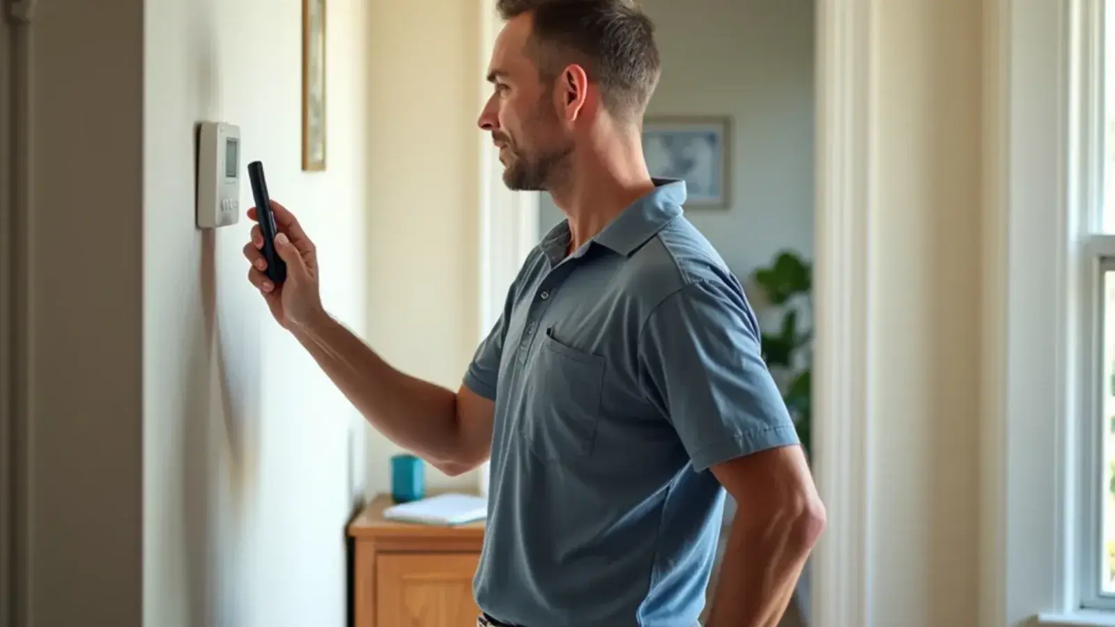 Homeowner phoning for HVAC service beside a hallway thermostat in Lexington, SC