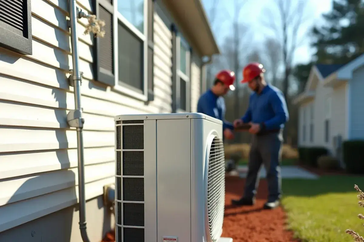 Multi-zone mini-split outdoor unit with three line sets entering a covered chase on a vinyl-sided home