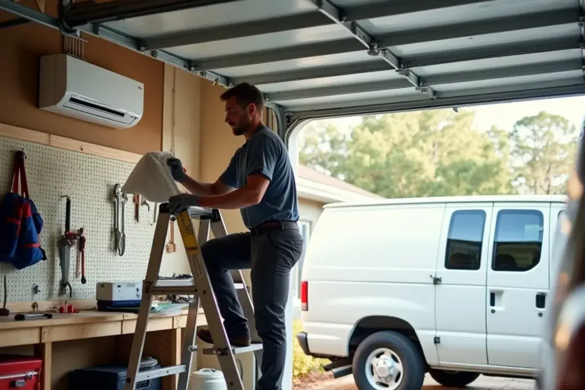 Technician sliding a mesh filter out of a wall-mounted head in a converted garage workshop
