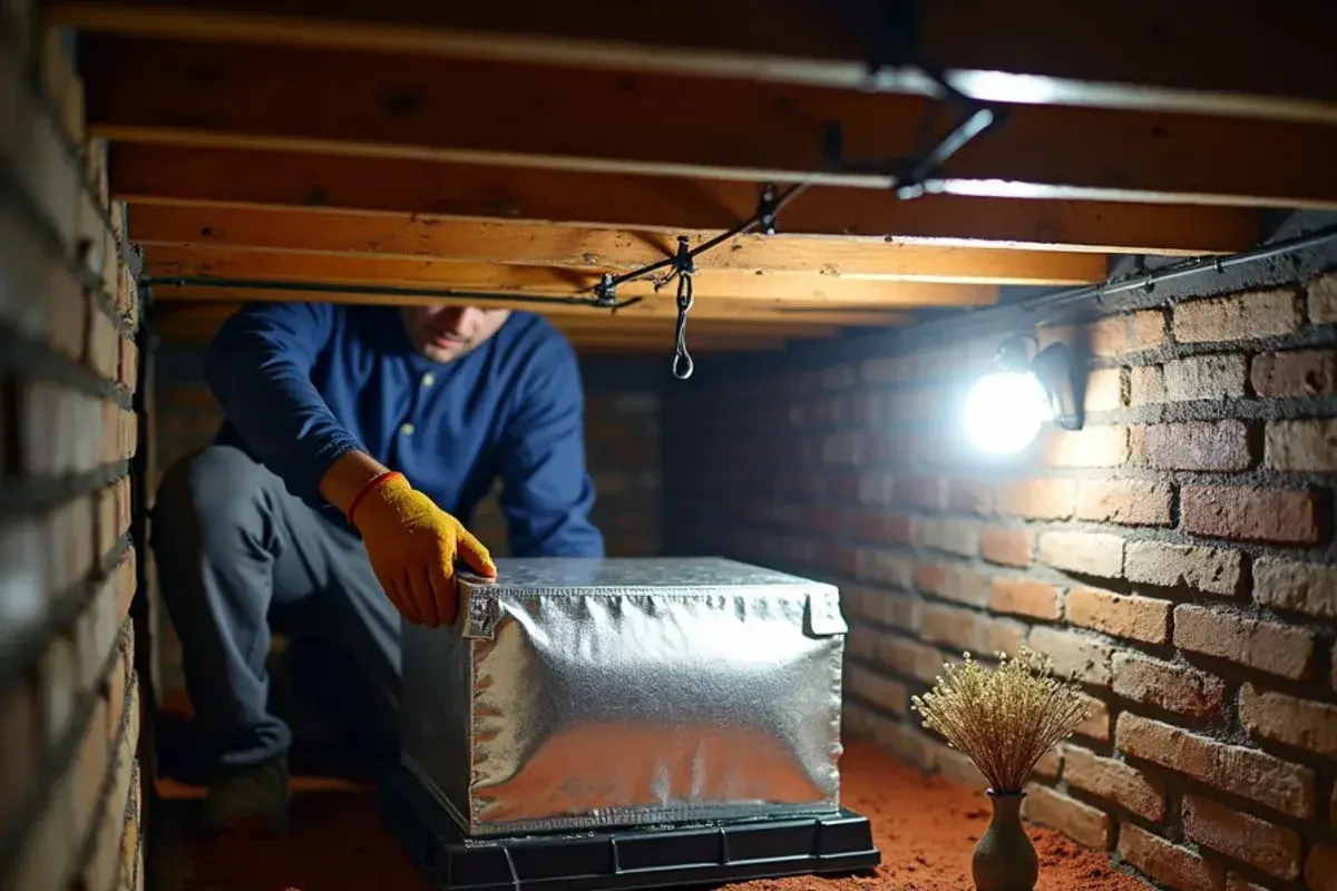 New insulated sheet-metal trunk line being hung in the crawlspace under a brick ranch