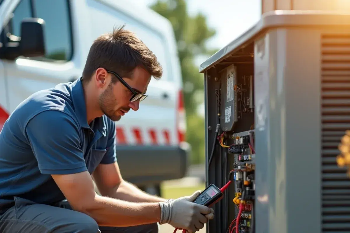 Technician testing the contactor inside an AC condenser electrical panel with a multimeter in Lexington, SC
