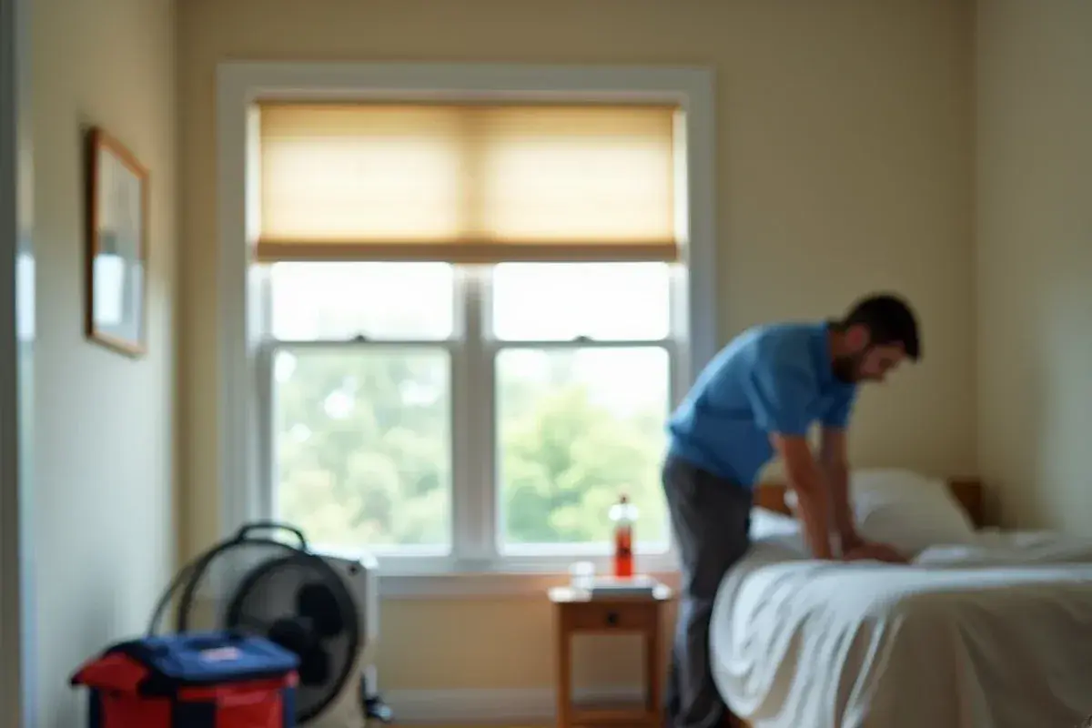Bedroom kept cooler with drawn blinds and a box fan while waiting for an emergency AC technician
