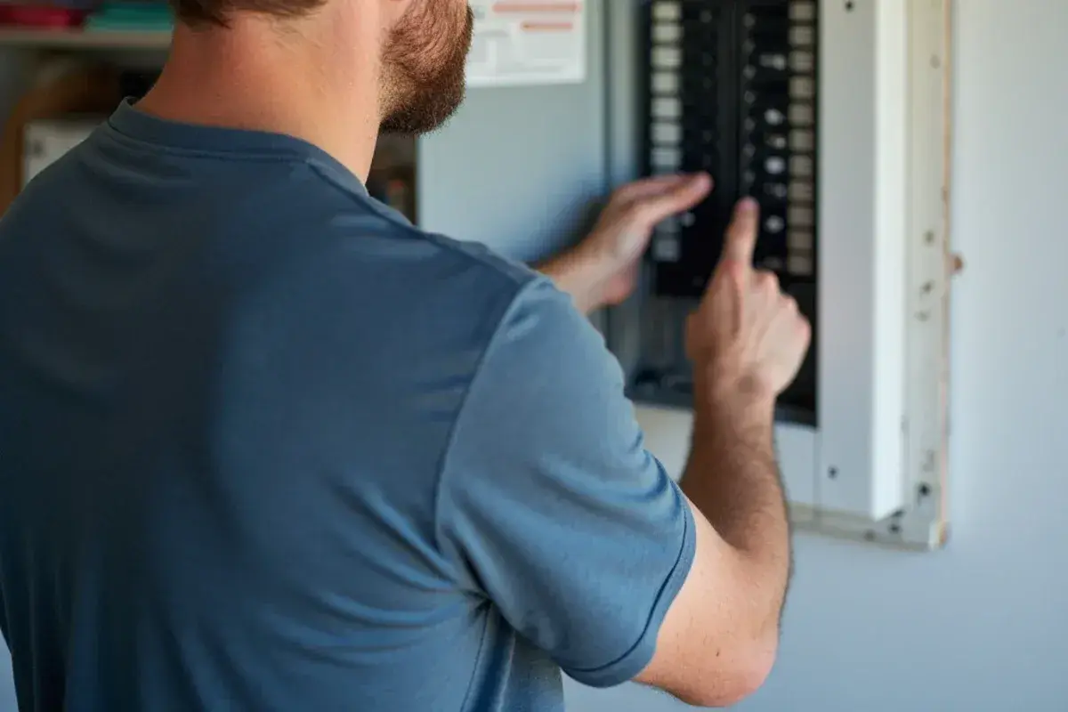 Homeowner checking the HVAC breakers in a garage electrical panel before calling for emergency service