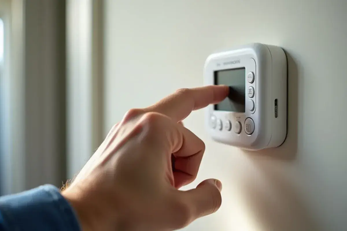 Hand switching a wall thermostat to off while waiting for an emergency HVAC technician
