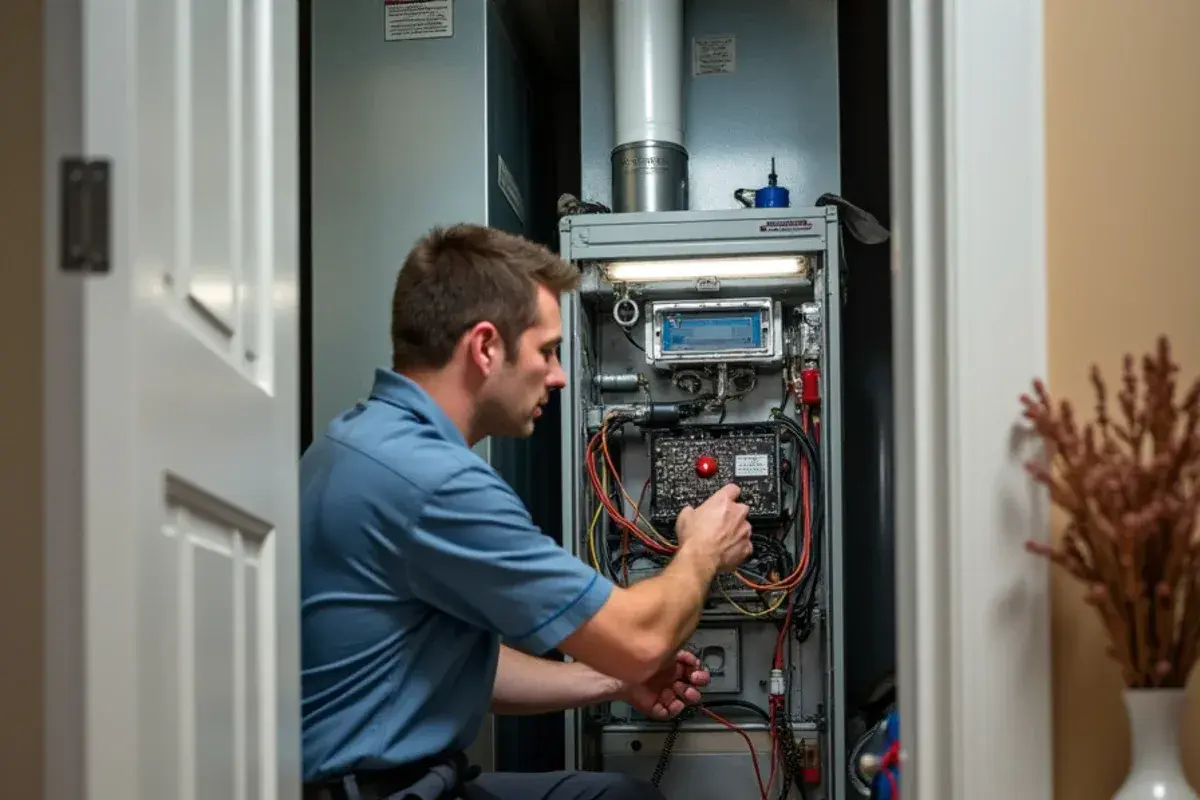 HVAC technician reading the LED fault light on a furnace control board during an emergency visit